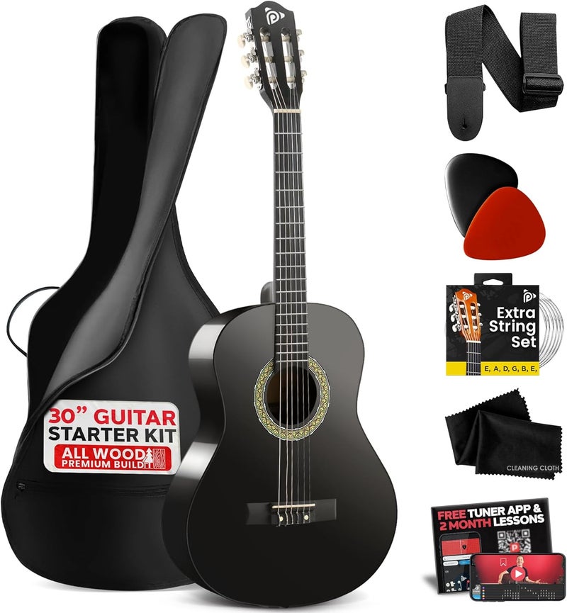 Pyle Beginner Acoustic Guitar Kit, 1/4 Junior Size All Wood Instrument for Kids, Adults, 30" Black Matte - Image 1